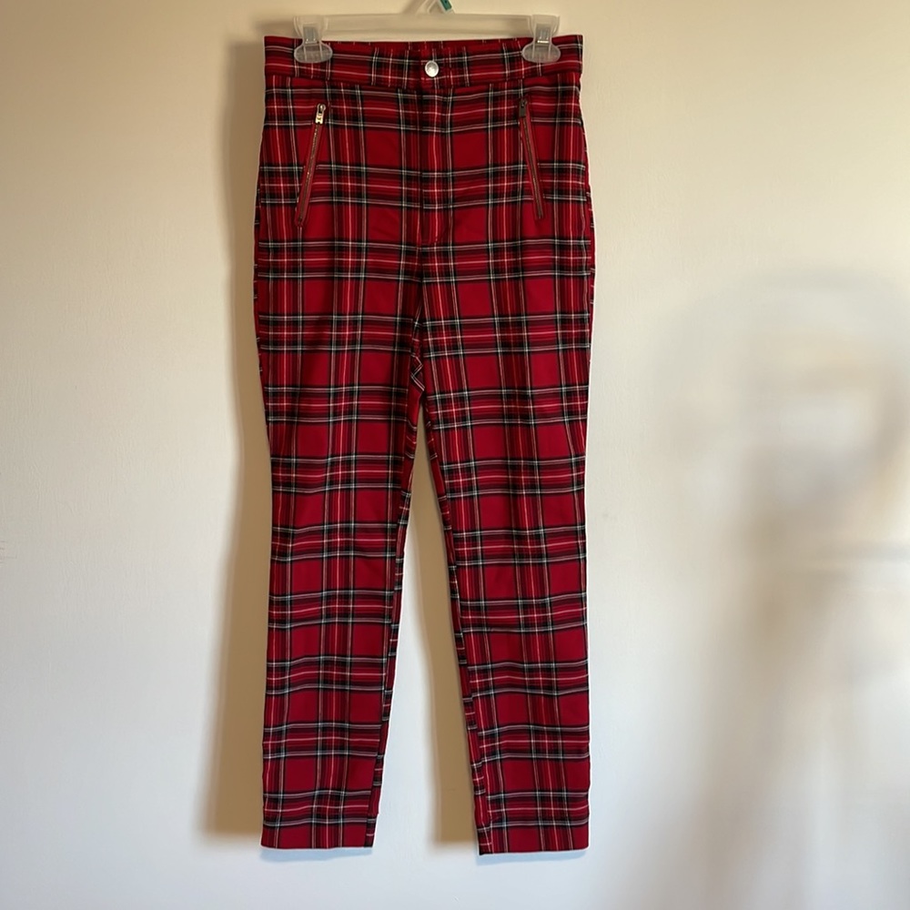 NEW Hollister Tartan Plaid Pants medium Red Black Straight Taper Zipper Pockets
